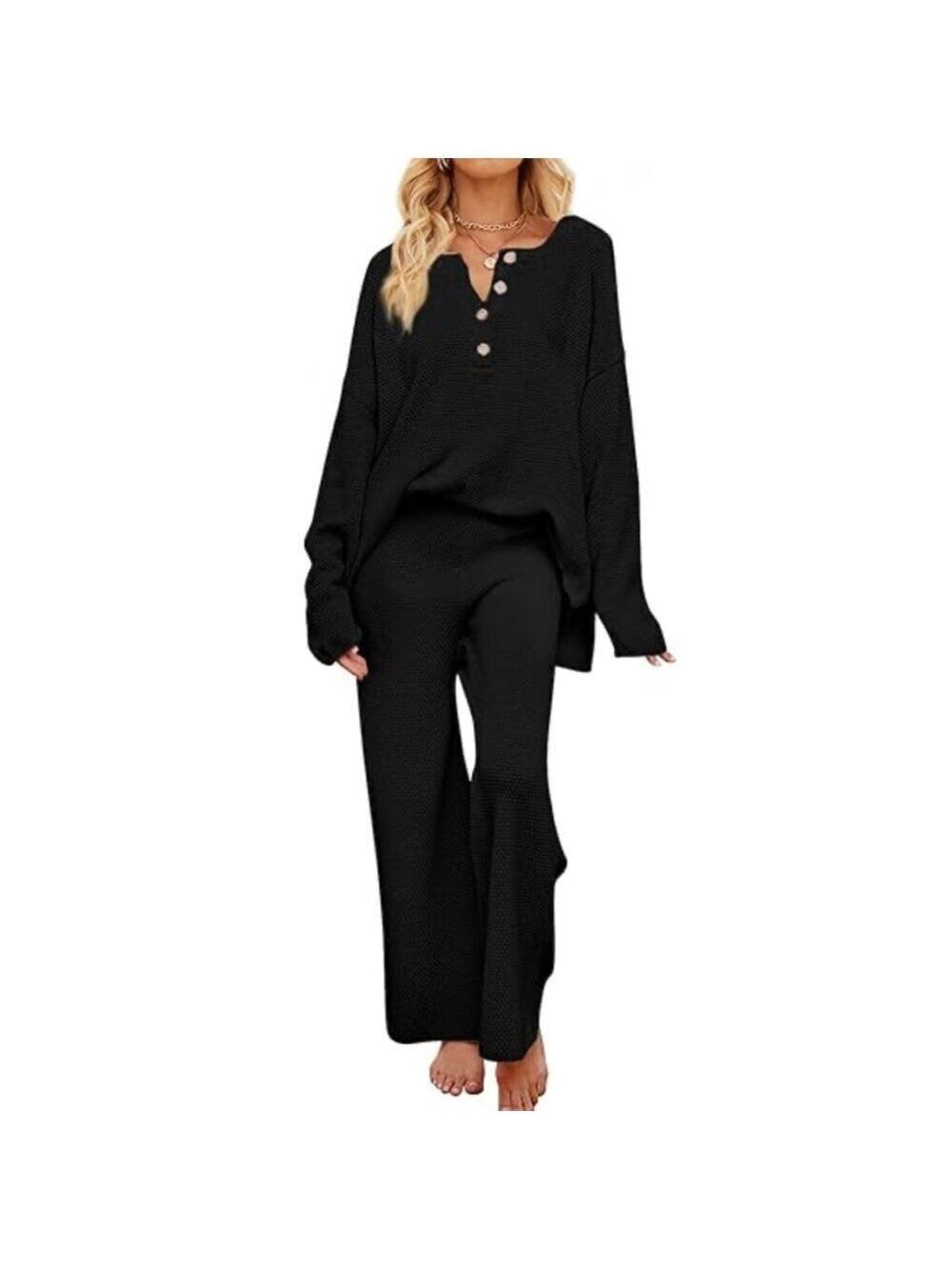 NWT Caracilia 2pc Waffle Knit Set Henley Tunic Top Wide Leg Pants SZ L Black
